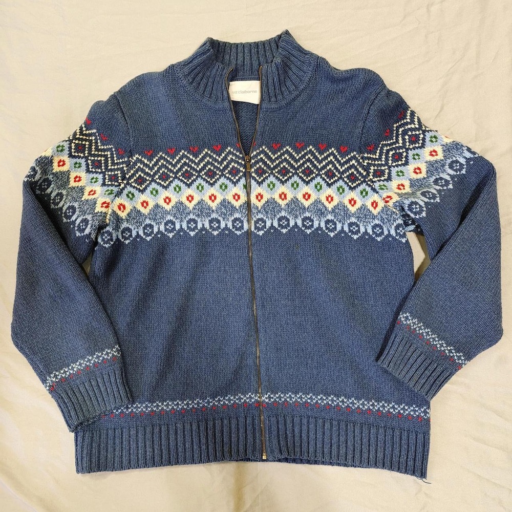 Vtg Liz Claiborne Nordic Geometric Zip Front Sweater Cotton Blend Blue Large